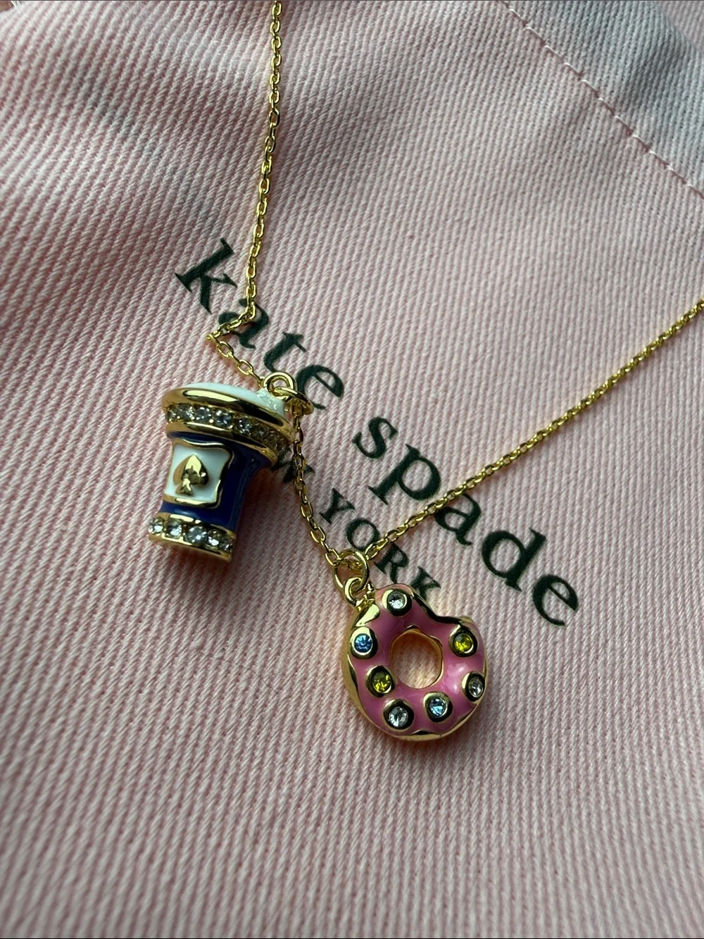 kate spade Gold Necklace with Pink Donut & Blue Drink Charms